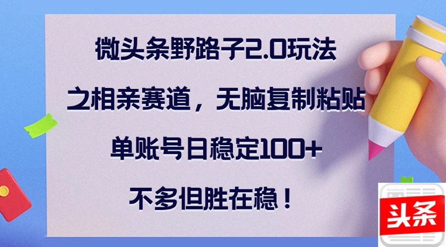 （12763期）微头条野路子2.0玩法之相亲赛道，无脑复制粘贴，单账号日稳定100+，不…_生财有道创业网-资源-项目-副业-兼职-创业-大叔的库-大叔的库