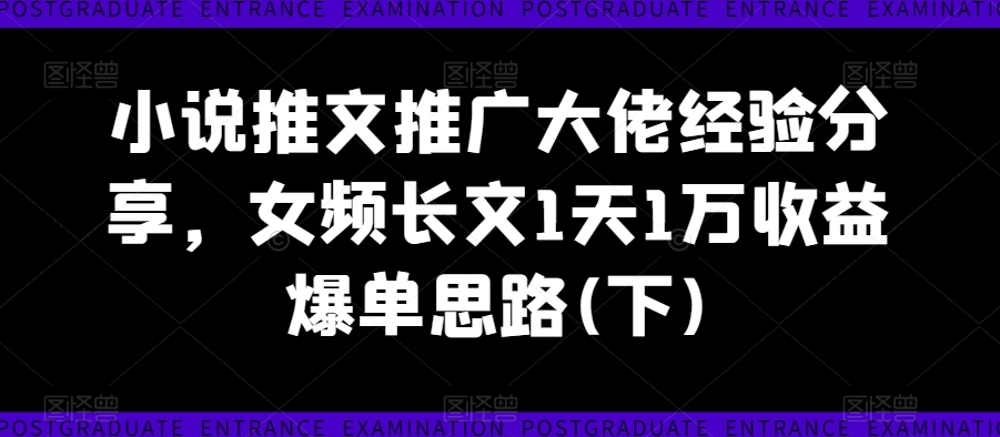 小说推文推广大佬经验分享，女频长文1天1万收益爆单思路(下)——生财有道创业网-资源-项目-副业-兼职-创业-大叔的库-大叔的库