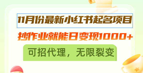 （13256期）11月份最新小红书起名项目，抄作业就能日变现1000+，可招代理，无限裂变_生财有道创业项目网-资源-项目-副业-兼职-创业-大叔的库-大叔的库