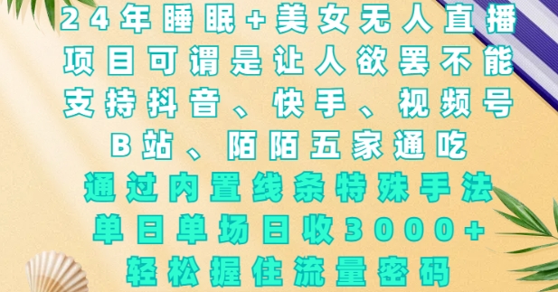2024年睡眠+美女无人直播，通过内置线条特殊手法，单场日收3k+，轻松握住流量密码【揭秘】——大叔资源库创业项目网-大叔资源库-资源-项目-副业-兼职-创业-大叔的库-大叔的库