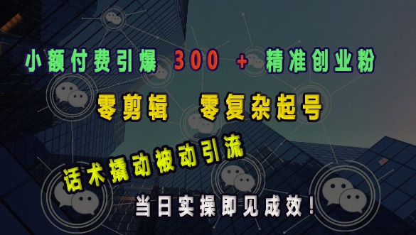 小额付费引爆 300 + 精准创业粉，零剪辑、零复杂起号，话术撬动被动引流，当日实操即见成效——大叔资源库创业项目网-大叔资源库-资源-项目-副业-兼职-创业-大叔的库-大叔的库