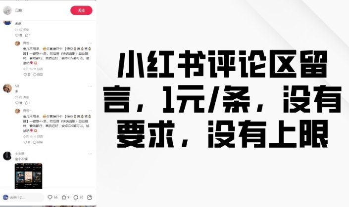 小红书评论区留言，1元条，没有要求，没有上限——大叔资源库创业项目网-大叔资源库-资源-项目-副业-兼职-创业-大叔的库-大叔的库