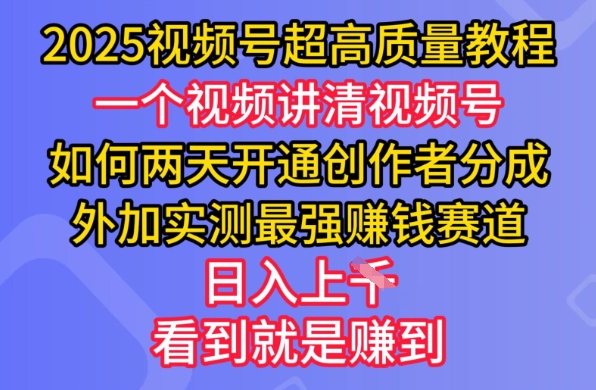 2025视频号超高质量教程，两天开通创作者分成，外加实测最强挣钱赛道，日入多张——大叔资源库创业项目网-大叔资源库-资源-项目-副业-兼职-创业-大叔的库-大叔的库