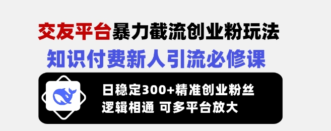 交友平台暴力截流创业粉玩法，知识付费新人引流必修课，日稳定300+精准创业粉丝，逻辑相通可多平台放大——大叔资源库创业项目网-大叔资源库-资源-项目-副业-兼职-创业-大叔的库-大叔的库