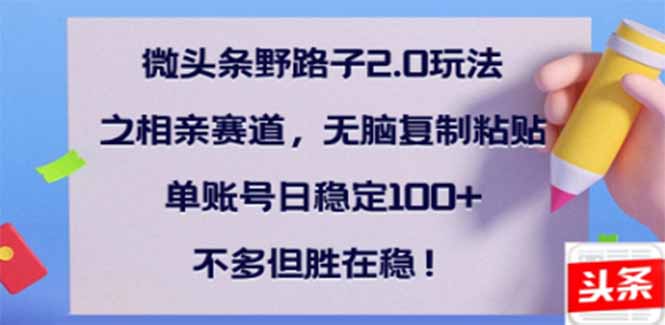 （14334期）微头条野路子2.0玩法之相亲赛道，无脑搬砖复制粘贴，单账号日稳定300+…_大叔资源库创业项目网-大叔资源库-资源-项目-副业-兼职-创业-大叔的库-大叔的库