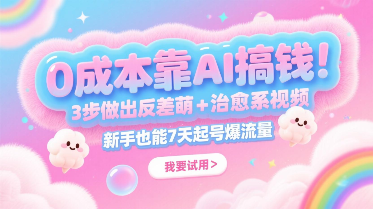 0成本靠AI搞钱！3步做出反差萌+治愈系视频，新手也能7天起号爆流量，月入5位数_大叔资源库-大叔资源库-资源-项目-副业-兼职-创业-大叔的库-大叔的库