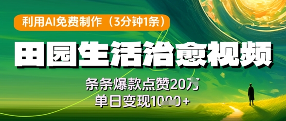 利用AI免费制作田园生活治愈视频，条条爆款点赞20W，单日变现几张——大叔资源库创业项目网-大叔资源库-资源-项目-副业-兼职-创业-大叔的库-大叔的库