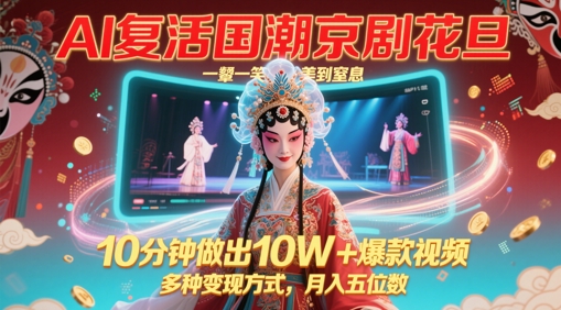 AI复活国潮京剧花旦，一颦一笑美到窒息，10分钟做出10W+爆款视频，多种变现方式，月入五位数——大叔资源库创业项目网-大叔资源库-资源-项目-副业-兼职-创业-大叔的库-大叔的库