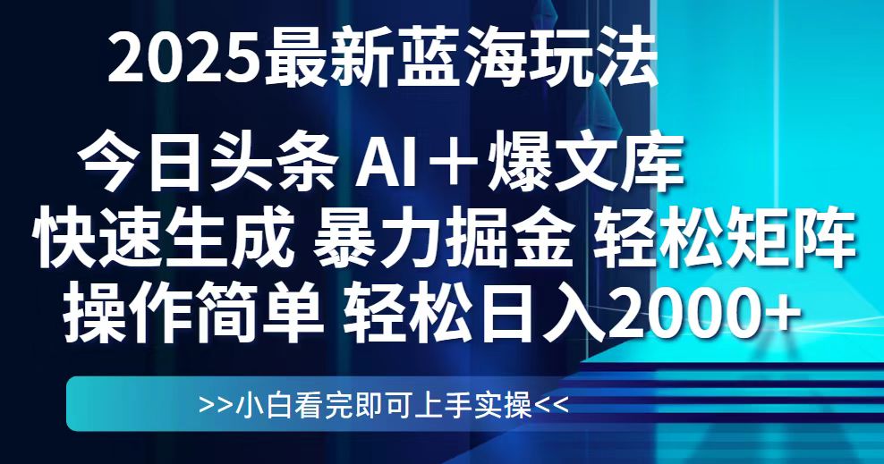 （14805期）今日头条2025最新蓝海玩法，思路简单，复制粘贴，轻松实现矩阵日入2000+_大叔资源库创业项目网-大叔资源库-资源-项目-副业-兼职-创业-大叔的库-大叔的库